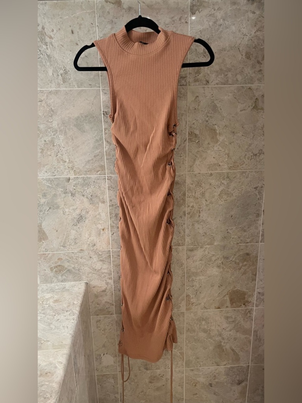 Sleeveless Ribbed Maxi Dress in Dusty Rose with Side Lace-Up